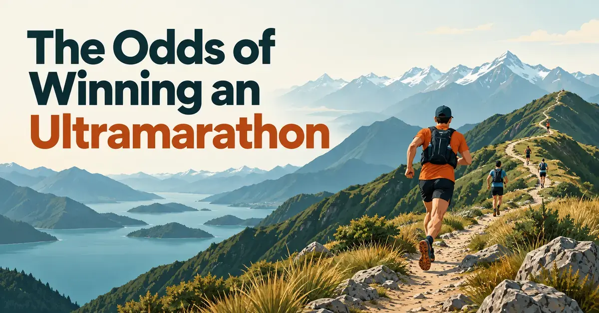 Illustrated ultramarathon runners follow a winding alpine trail above a lake beneath the title ‘The Odds of Winning an Ultramarathon’.