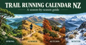 Illustrated New Zealand trail running calendar showing a runner on a winding trail through spring forest, summer tussock, autumn foliage and snowy winter mountains.