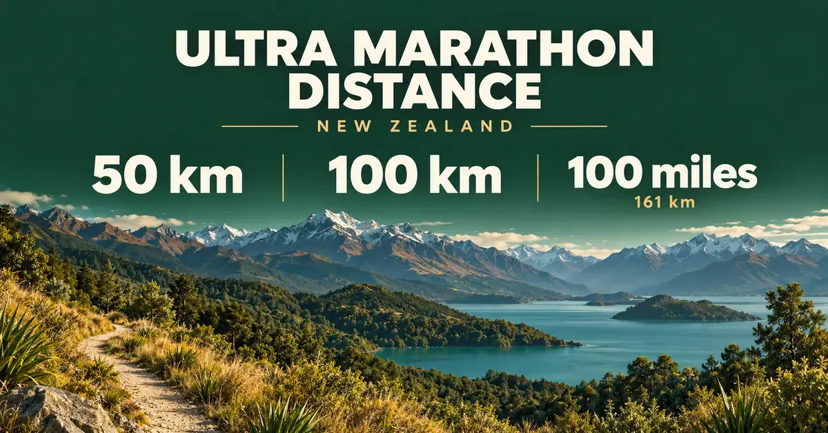 New Zealand alpine trail and lake beneath ultra marathon distance labels for 50 km, 100 km and 100 miles (161 km).