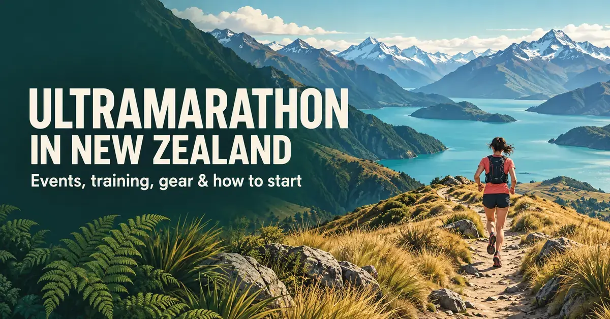 Illustration of a trail runner wearing a hydration vest above a turquoise lake in New Zealand’s mountains, with the heading ‘Ultramarathon in New Zealand’.
