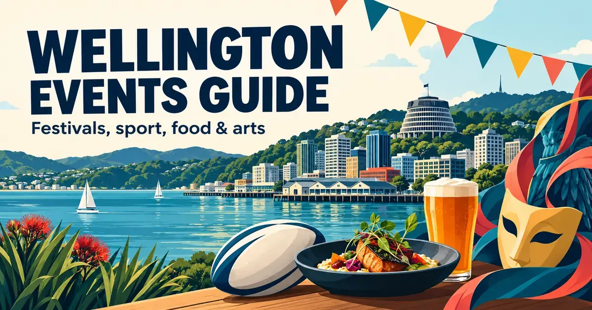 Illustrated Wellington harbour with festival bunting, a rugby ball, food, craft beer and a theatrical mask beneath the heading ‘Wellington Events Guide’.