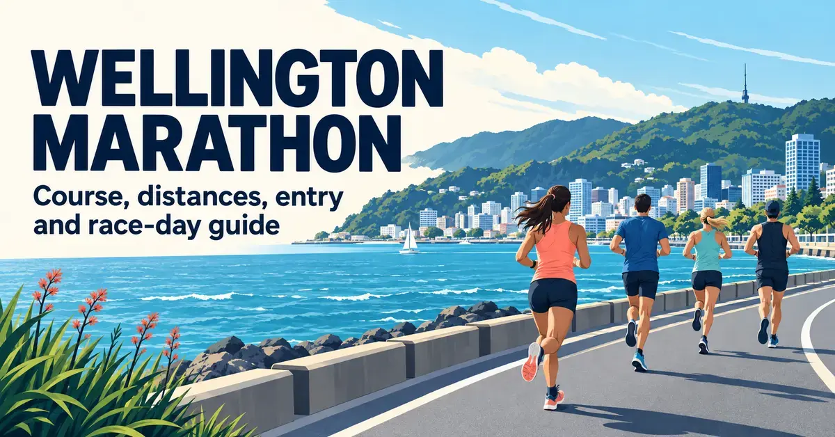 Illustrated runners follow Wellington’s waterfront beside the harbour and green hills beneath the heading “Wellington Marathon” and the subtitle “Course, distances, entry and race-day guide”.