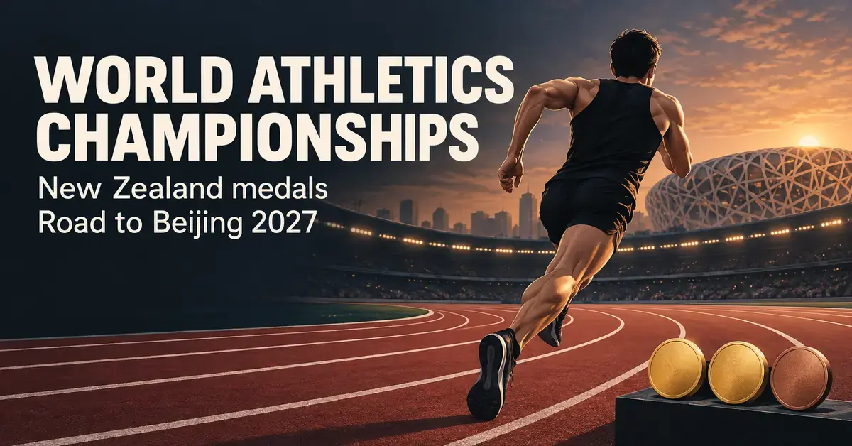 Illustrated runner in a black singlet on a stadium track beside two gold medals and one bronze medal, with text highlighting the World Athletics Championships, New Zealand medals and the road to Beijing 2027.